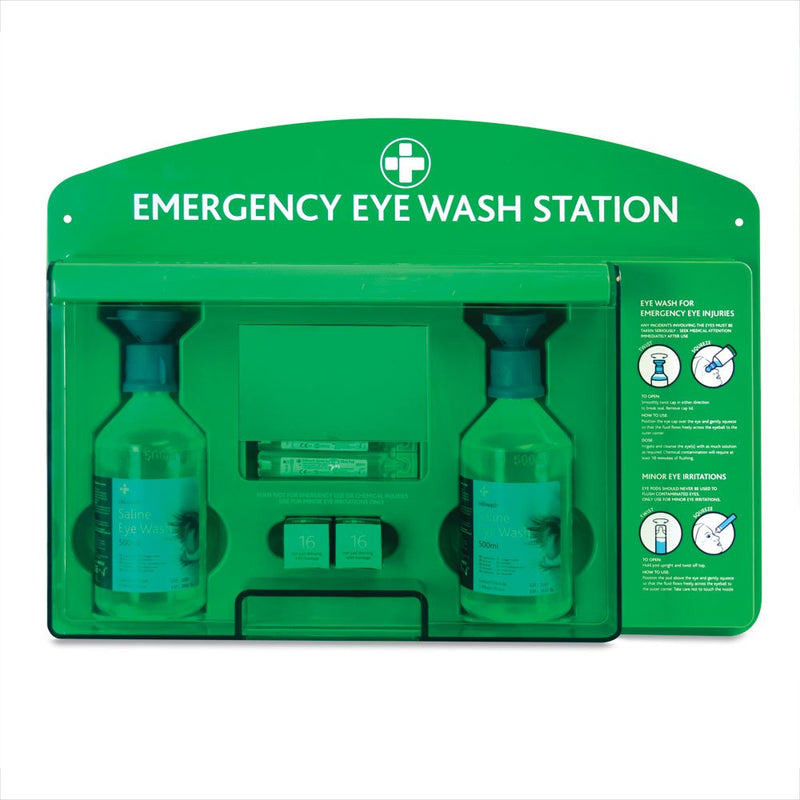 RELIANCE MEDICAL REL919 Complete Emergency Eye Wash Station with 20ml Pods/500ml Bottles/Eye Pads/Mirror & Reliwash Saline Eye Wash Pods 25 x 20ml 1 Count (Pack of 1) REL919 + Eye Wash Pods (Pack of 25) - BeesActive Australia