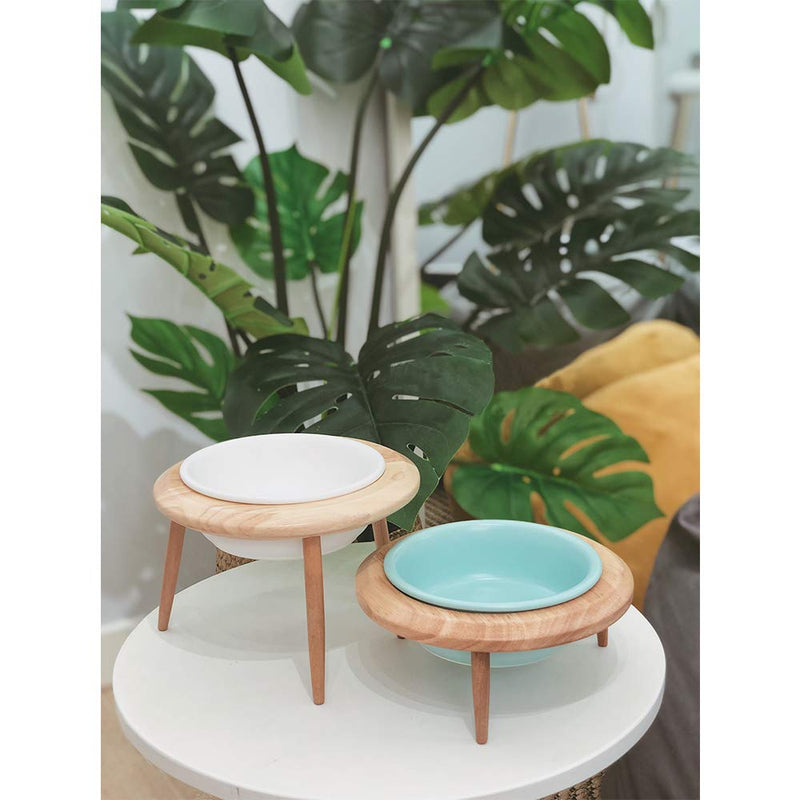 LIONWEI LIONWELI Ceramic Adjustable Elevated Raised Pet Bowl with Wood Stand for Cats and Dogs No Spill Pet Food Water Feeder (3 Installation Methods for Different Height) Small White - BeesActive Australia