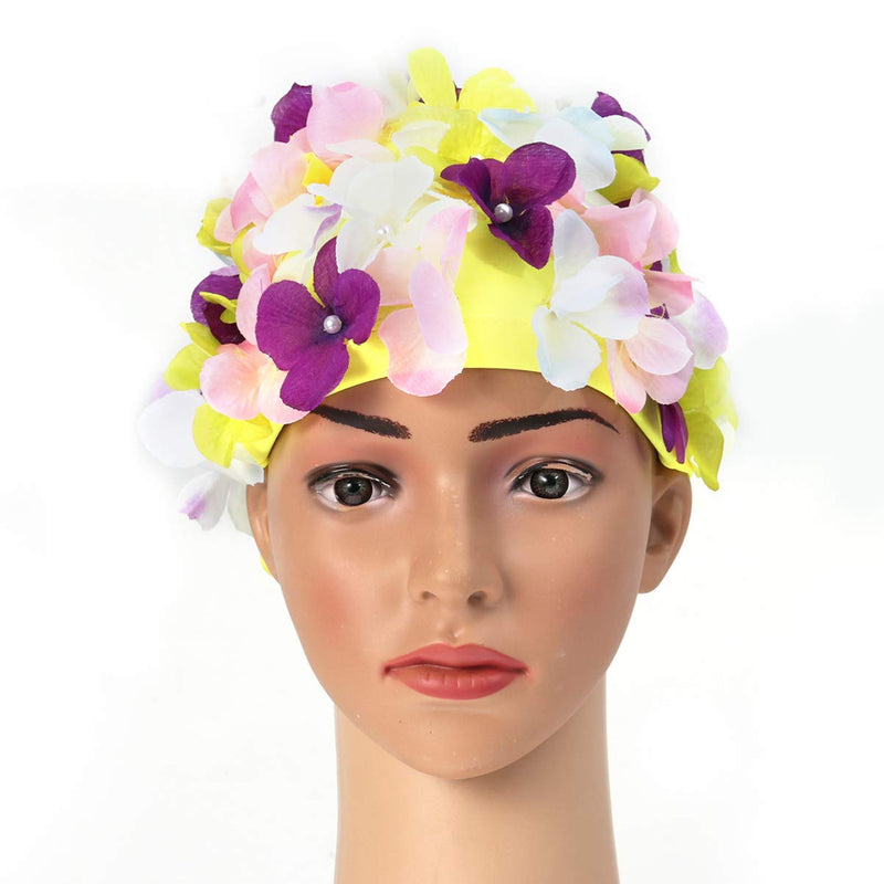 FAVOMOTO Swim Cap Flower for Women Floral Caps Swim Turban Waterproof Swim Cap for Long Hair Petal Stylish Swimming Hat Bathing Caps Ear Hair Protection Easy to Put On and Off Size - BeesActive Australia