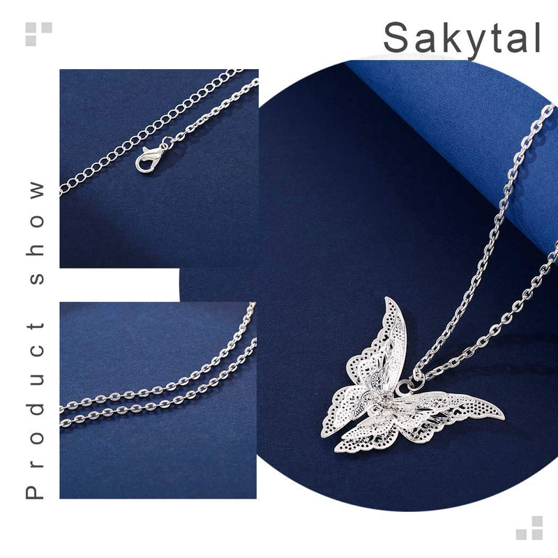 Sakytal Butterfly Pendant Necklaces Silver Large Hollow Out 3D Pendant Necklace Chain for Women and Girls - BeesActive Australia