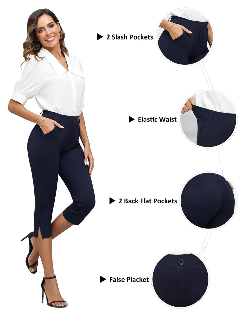 Aleture Women's Pull on Capri Dressy Office Pants, Stretch Yoga Pants Work Capri Slacks Pants Business Casual 21.5" 4 Navy - BeesActive Australia