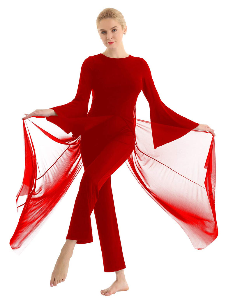 [AUSTRALIA] - ranrann Women's Long Flare Sleeves Lyrical Dance Dress Mesh Overlay Culottes Leotard Dancewear Red X-Large 