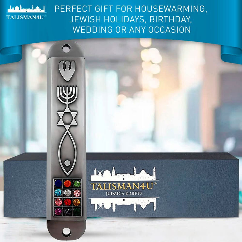 Set of 3 Pewter Mezuzah Case with Scroll for Door 3D Menorah Star of David Ten Commandments 12 Tribes of Israel Messianic Seal Jewish Mezuzah Set Judaica Gift 10 cm / 4 inch - BeesActive Australia