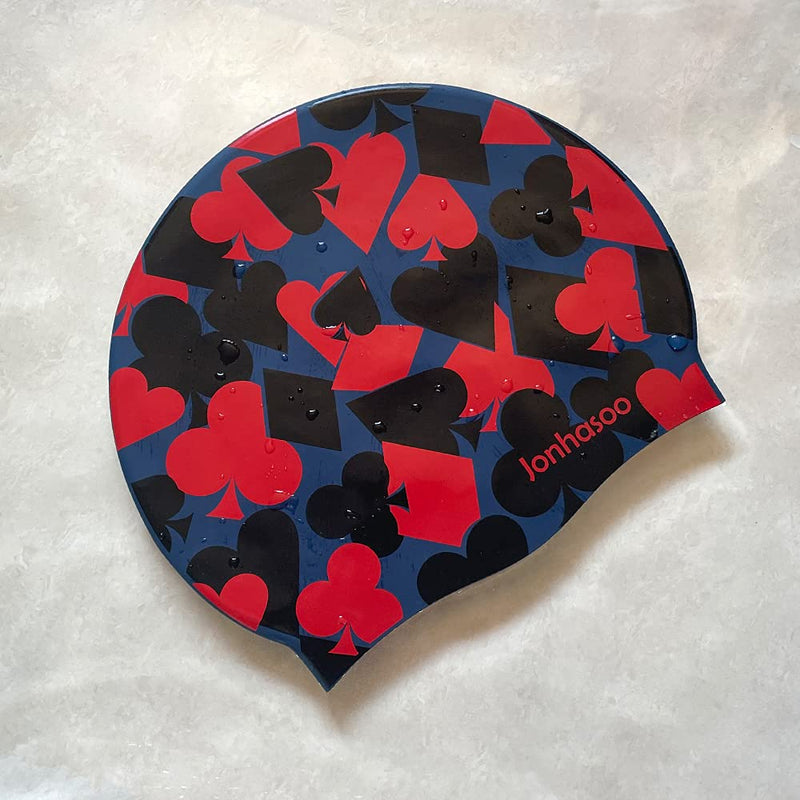 Jonhasoo Silicone Swim Cap for Women, Waterproof Swimming Caps with Poker Printed Navy-Red - BeesActive Australia