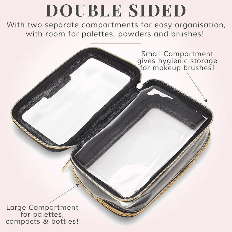Clear Travel Makeup Bag Organiser - Small Portable Airport Toiletry Cosmetic Case by Lily England, Black and Gold - BeesActive Australia