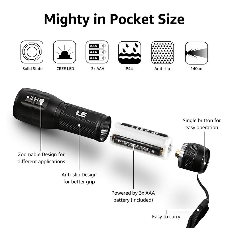 LE CREE LED Flashlight, Small and Super Bright LED Tactical Torch, Handheld Flash Light, Zoomable, Water Resistant, Adjustable Brightness for Camping, Running, AAA Batteries Included 1 - BeesActive Australia