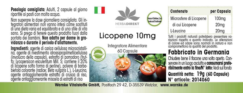 Lycopin with Tomato Extract 10�mg, 60�Capsules Vegi 19�g Pack of 1 | HERBADIREKT by Warnke Vitalstoffe - BeesActive Australia