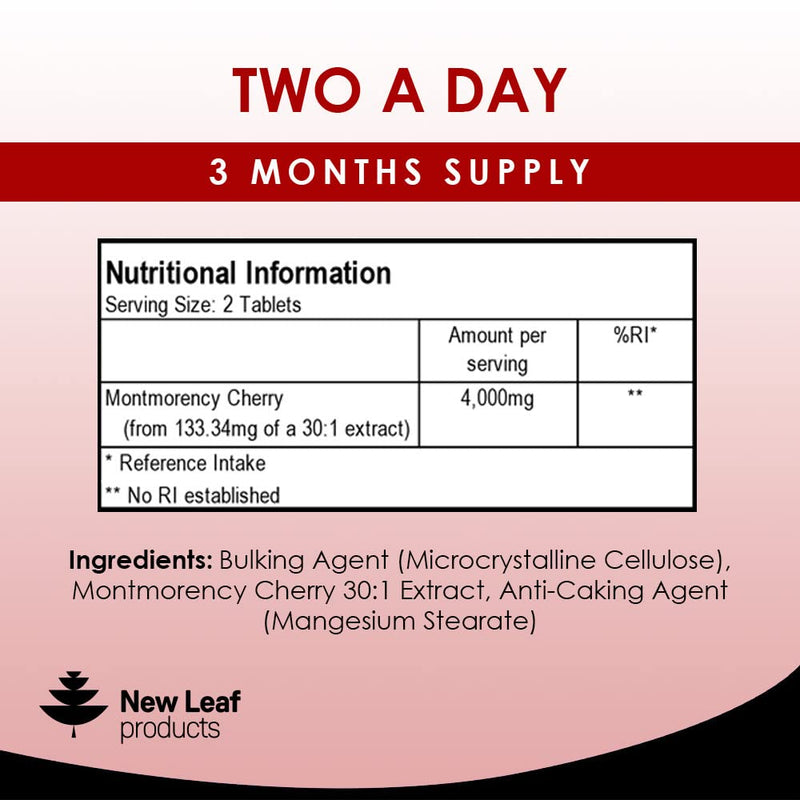 Montmorency Cherry 4000mg (2 per Serving) - 180 Tablets High Strength Concentrate - Natural Tart Cherry Vegan Supplements (not Capsules or Powder) - Non-GMO, 3 Months Supply - Made in The UK - BeesActive Australia