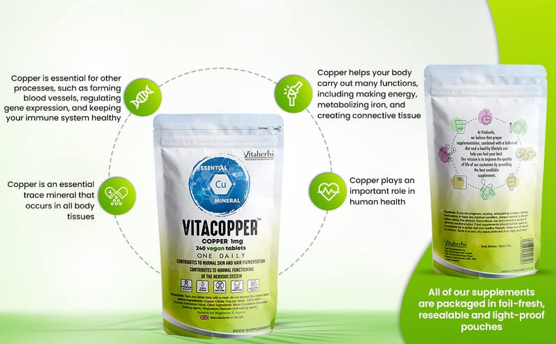Copper Supplement 1000 mcg 240 Vegan Tablets � Copper tablets � 8 Month Supply-Contributes To Normal Hair And Hair Pigmentation | Nervous System | Immune System | Copper 1mg - Vitacopper by Viateherbs - BeesActive Australia