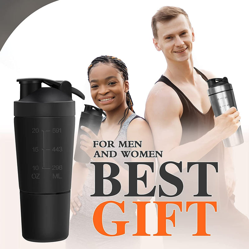 Protein Shaker Bottle 700ML with Mixball & Protein Compartment 200ML, Premium Stainless Steel Protein Shaker, Leak-Proof Metal Shaker, BPA Free Fitness Bottle Shaker for Men and Women Slim Fast, Black Protein Shaker With Storage | Black - BeesActive Australia