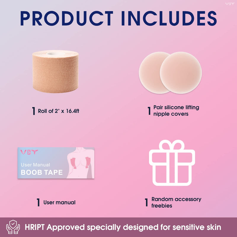 VBT Boob Tape - Breast Lift Tape, Body Tape for Breast Lift w 2 Pcs Silicone Breast Reusable Adhesive Bra, Bob Tape for Large Breasts A-G Cup, Nude Beige 2 inch - BeesActive Australia