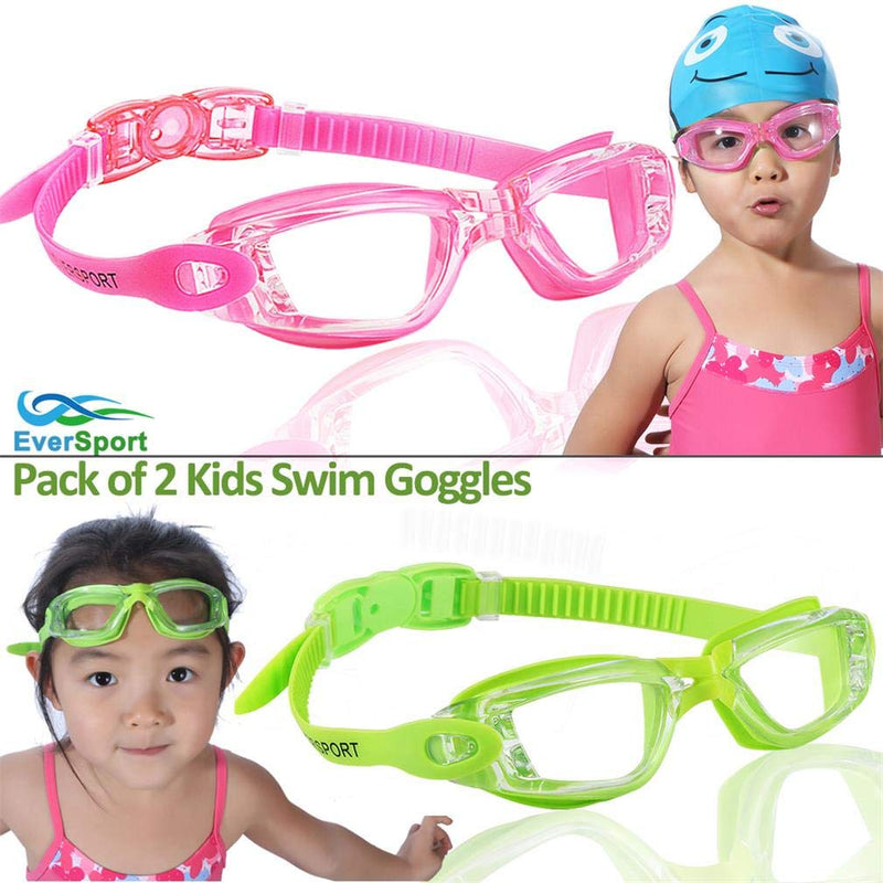 EverSport Kids Swim Goggles, Pack of 2 Kids Swimming Goggles, Crystal Clear Swimming Goggles for Children and Teens, Anti-Fog Anti-UV Youth Swim Glasses, Leak Proof, Soft Silicone Frame, for 4-16 Y/O Green & Rose Red - BeesActive Australia