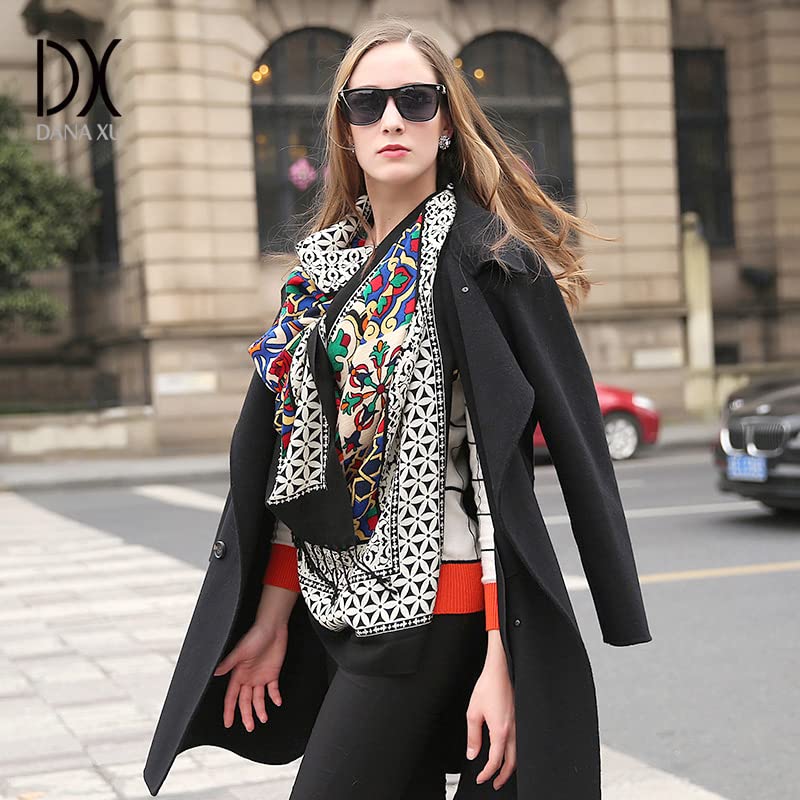 DANA XU 100% Pure Merino Wool Extra Large Pashmina Cashmere Scarf Shawl And Wrap For Women Winter Oversized Floral Blanket 11 Black - BeesActive Australia