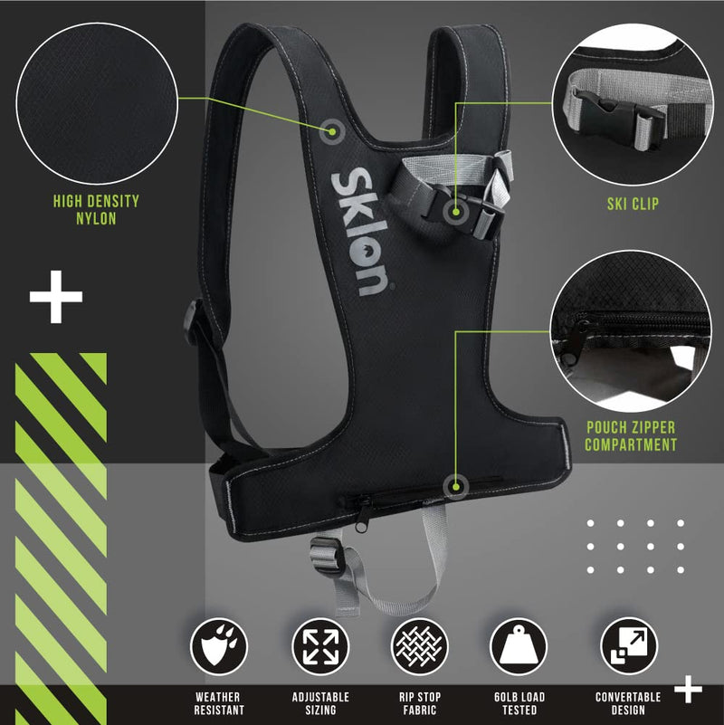 Sklon Adult Ski and Pole Carrier Strap Harness - Avoid the Struggle and Easily Transport Your Skis and Poles on Your Back - Light and Compact - HoneyComb Black - BeesActive Australia