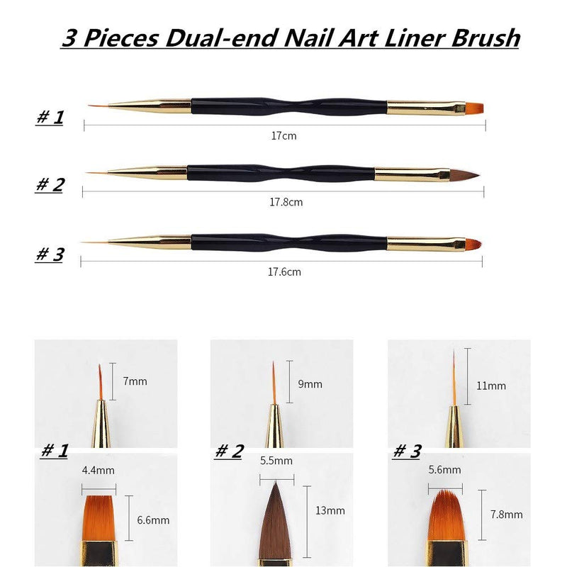 FULINJOY 3 Pcs Nail Drawing Pen, Dual End Nail Art Pen Brush Acrylic Round Flat Painting Drawing Liner Nail Tools - BeesActive Australia