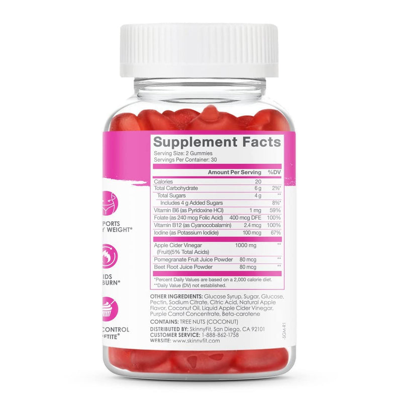 SkinnyFit Skinny Gummies Apple Cider Vinegar Gummies w/ The Mother, Healthy Weight, Immune Support, Vitamin B9, B12, Beetroot, Pomegranate, Vegan-Friendly, 60 Count - BeesActive Australia
