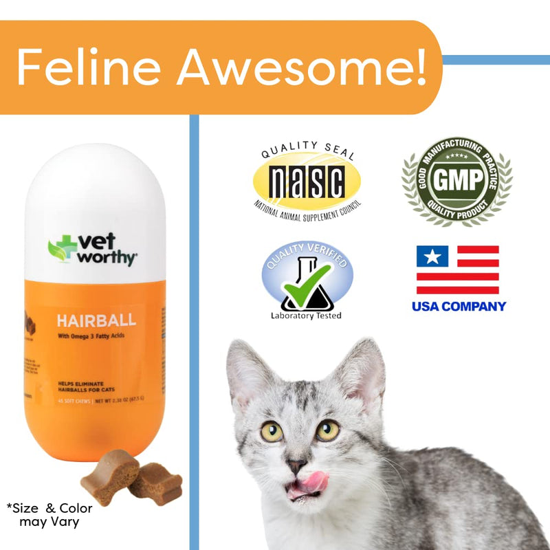 Vet Worthy Hairball Soft Chew for Cats Hairball Remedy for Cats for Digestive Aid and Hairball - Cat Supplement with Omega 3, Psyllium Husk, Brewers Yeast, Wild Alaskan Salmon Oil-45 Soft Chews - BeesActive Australia