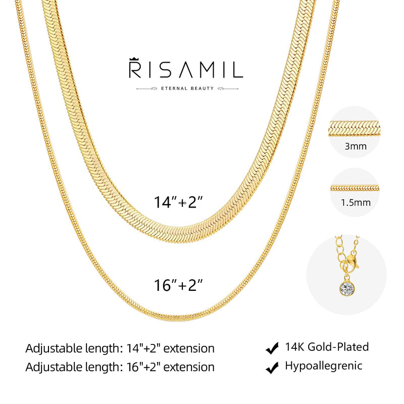 Risamil Gold Necklace for Women, 14K Gold Plated/Silver Layered Necklaces for Women, Dainty Gold Necklace Set Chain Choker Necklace Gold Jewelry Gift for Women and Girls Layered Gold Necklaces(Herringbone/Chain) - BeesActive Australia