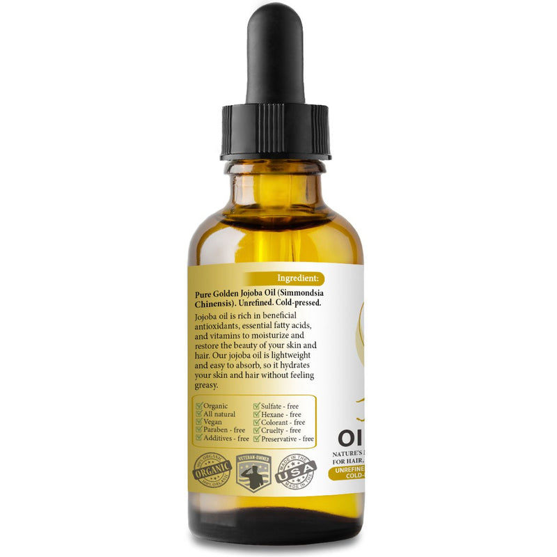 NEW Jojoba Oil. 2oz. Cold-pressed. Unrefined. Organic. 100% Pure. Anti-inflammatory. Hexane-free. Rejuvenates Skin. Softens Hair. Natural Moisturizer. For Hair, Skin, Nails, Beard, Stretch Marks. - BeesActive Australia