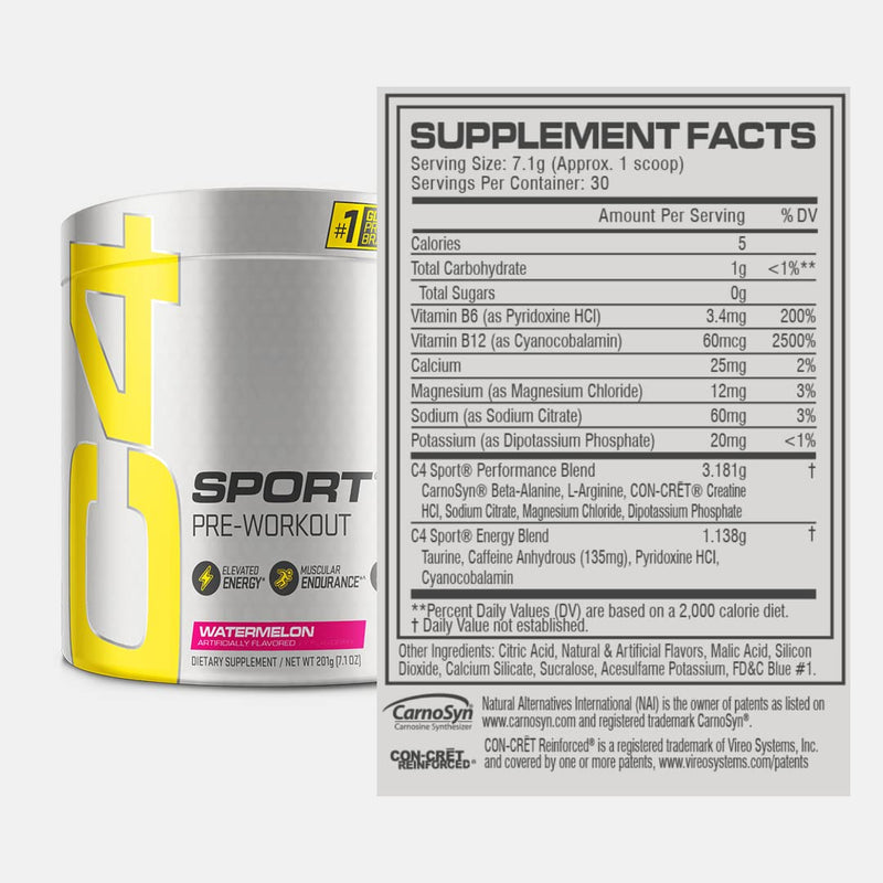 C4 Sport Pre Workout Powder Watermelon - NSF Certified for Sport + Preworkout Energy Supplement for Men & Women - 135mg Caffeine + Creatine Monohydrate - 30 Servings - BeesActive Australia