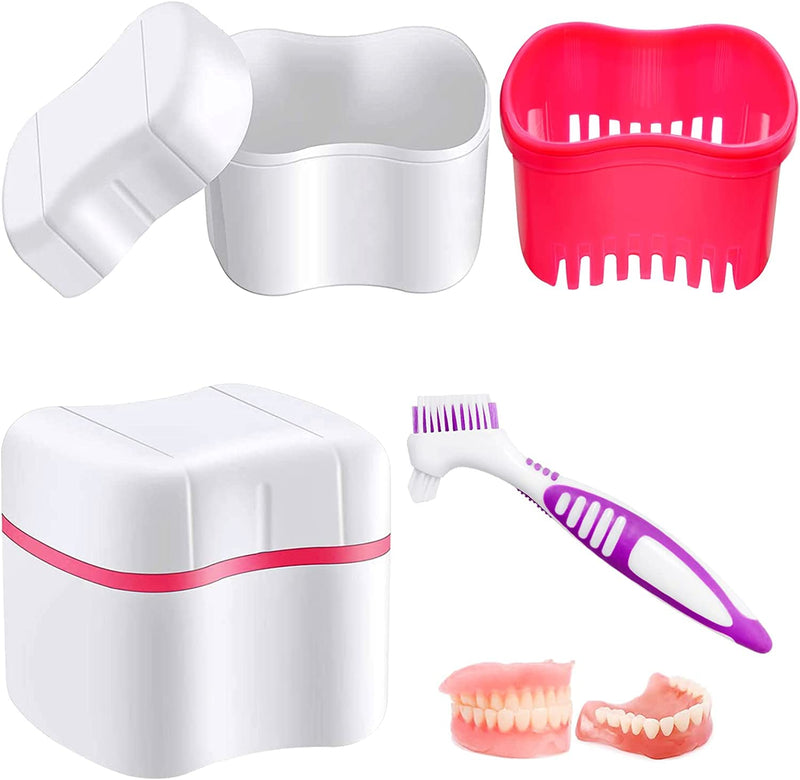Denture Case Set, LONTOM 2 Denture Bath Cups 2 Denture Cleaner Brushes 2 Portable Toothbrush Box, Strainer Basket Retainers Denture Care Bath Box for Dentures, Braces, Mouth Guard Traveling (Random) - BeesActive Australia