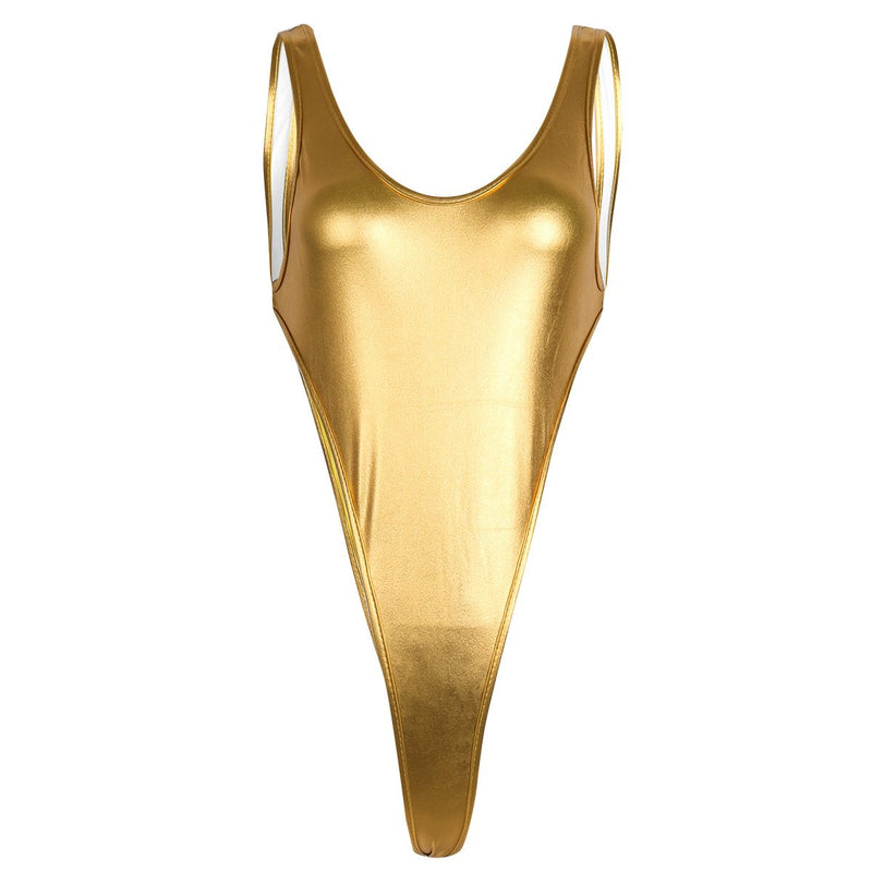 [AUSTRALIA] - ranrann Women's One-Piece Shiny Metallic Spandex High Cut Backless Thong Lingerie Leotard Gold 