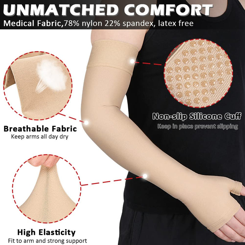 Ailaka Lymphedema Compression Arm Sleeve（Single）with Gauntlet for Men Women - 20-30 mmHg Medical Compression Arm Sleeve Full Arm Support Brace For Pain Relief, Swelling, Edema, Post Surgery Recovery Beige Large（Single） - BeesActive Australia