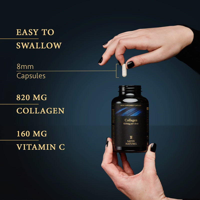 Collagen Capsules 820mg - 180 High Strength Capsules (3 Months Supply) - Premium Bovine Collagen Supplements for Women and Men - with Hyaluronic Acid and Vitamin C to Support Skin - Satin Naturel - BeesActive Australia