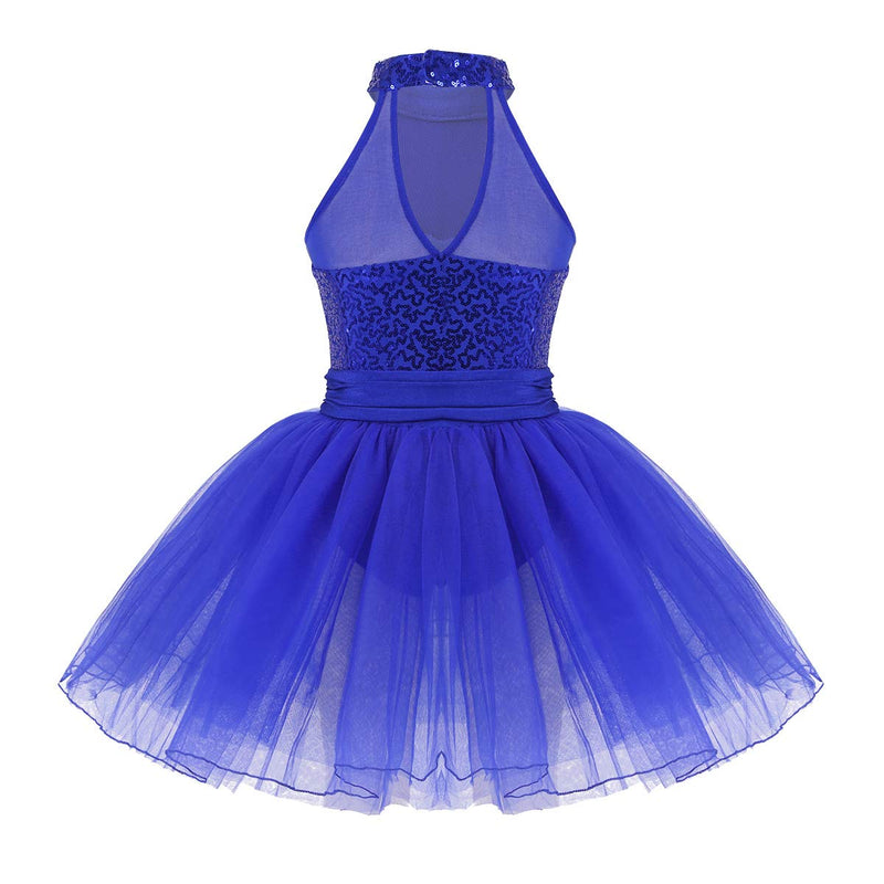 [AUSTRALIA] - JEATHA Kids Girls Shiny Sequins Sleeveless Mock Neck Ballet Dance Ice Roller Skating Dress Dancewear Keyhole Cutout Back Blue 8 / 10 