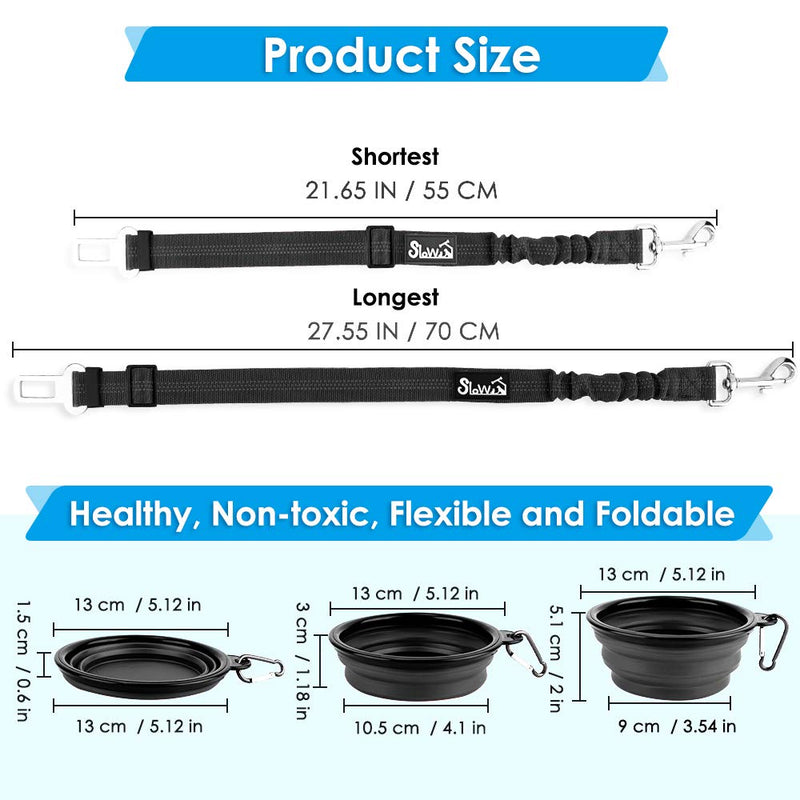 SlowTon Dog Car Seat Belt, Pet Safety Seatbelt Strap Adjustable Retractable Elastic Reflective for Vehicle Heavy Duty Tether for Dogs Cats with Collapsible Dog Bowl Portable Travel Set Black 1 Pack - BeesActive Australia