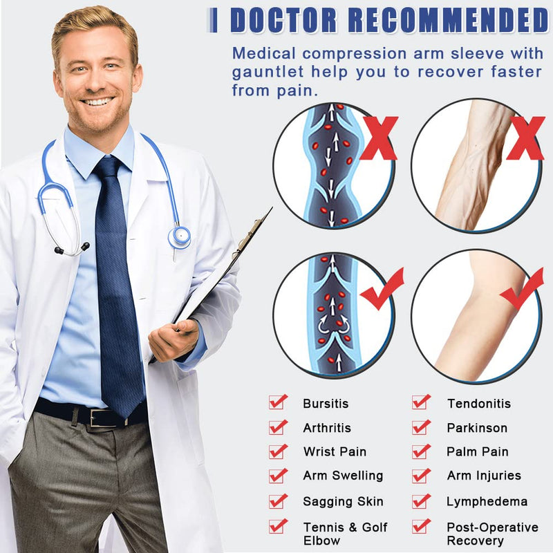 Beister Lymphedema Medical Compression Arm Sleeve with Gauntlet for Men & Women (Single), 20-30 mmHg Full Arm Support with Dot Silicone Band, Graduated Compression Arm Brace for Swelling, Arthritis Beige Medium - BeesActive Australia