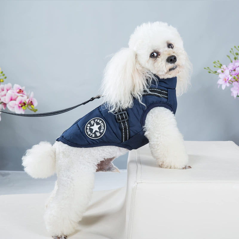 AIMYDOG Warm Dog Winter Coat Cozy Waterproof Windproof Dog Outdoor Jacket, Adjustable Pet Vest with Harness & D Rings, Thick Polar Fleece Lining, Reflective Dog Apparel for Small Medium Large Dogs Blue - BeesActive Australia