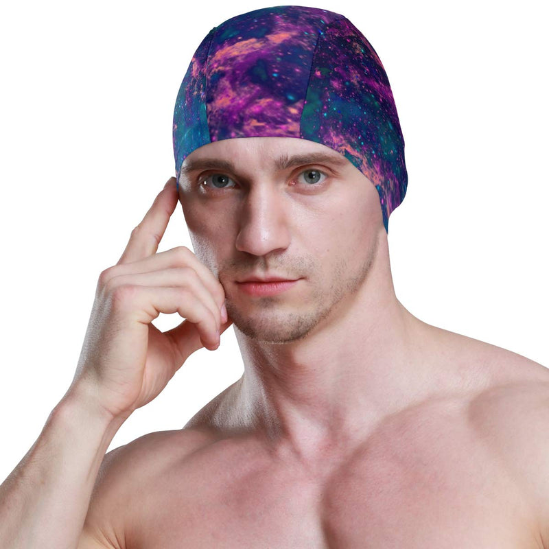 [AUSTRALIA] - DERLONKAJE Cow Print Sport Swim Cap Silicone Resilient Waterproof Solid Swimming Cap Purple Galaxy One Size 