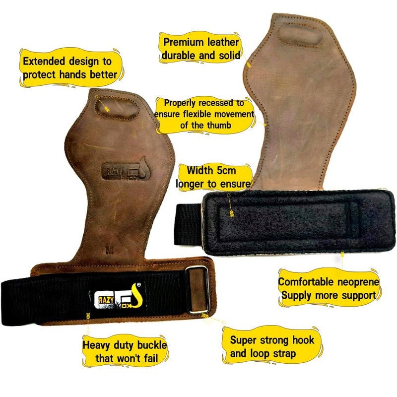 CRAZY FOXS Flame Grips Leather Lifting Straps Heavy Duty Men and Women Gloves for Pull ups Deadlift Power Lifting with Neoprene Padded Wrist Wraps Brown Leather Large - BeesActive Australia