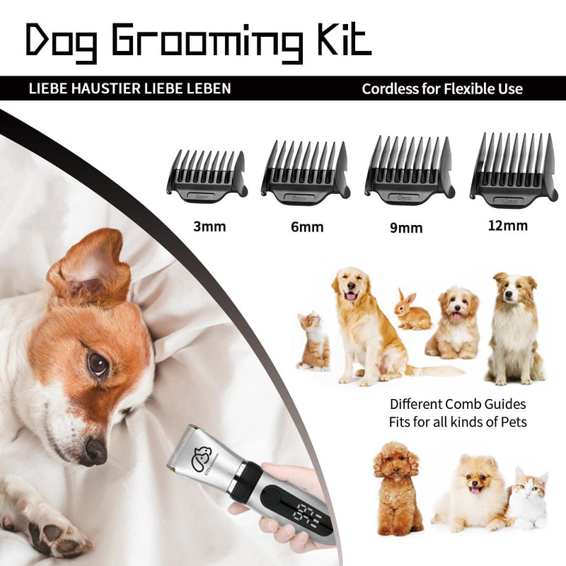 Pet Clippers Professional Dog Grooming kit Adjustable Low Noise High Power Rechargeable Cordless Pet Grooming Tools , Hair Trimmers for Dogs and Cats, Washable（IPX5), with LED Display. Frosted Silver - BeesActive Australia