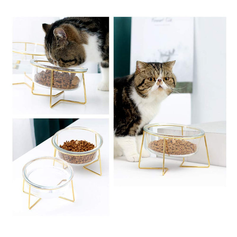 Glass Raised Cat Bowls or Small Dog Dishes with Gold Metal Stand,Anti Vomiting Tilted Transparent Pet Bowl, Elevated Food or Water Bowl Set with Grey Silicon Clouds Waterproof Mat 1 x 20oz bowl+1 mat - BeesActive Australia