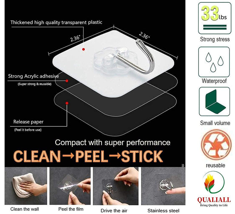 Adhesive Hooks, 20 Packs, 33lbs/15kg Premium Heavy Duty Wall Ceiling Hooks for Hanging, Damage Free, Clear Sticky Hanger for Kitchen, Bathroom Shower Outdoor Use. - BeesActive Australia