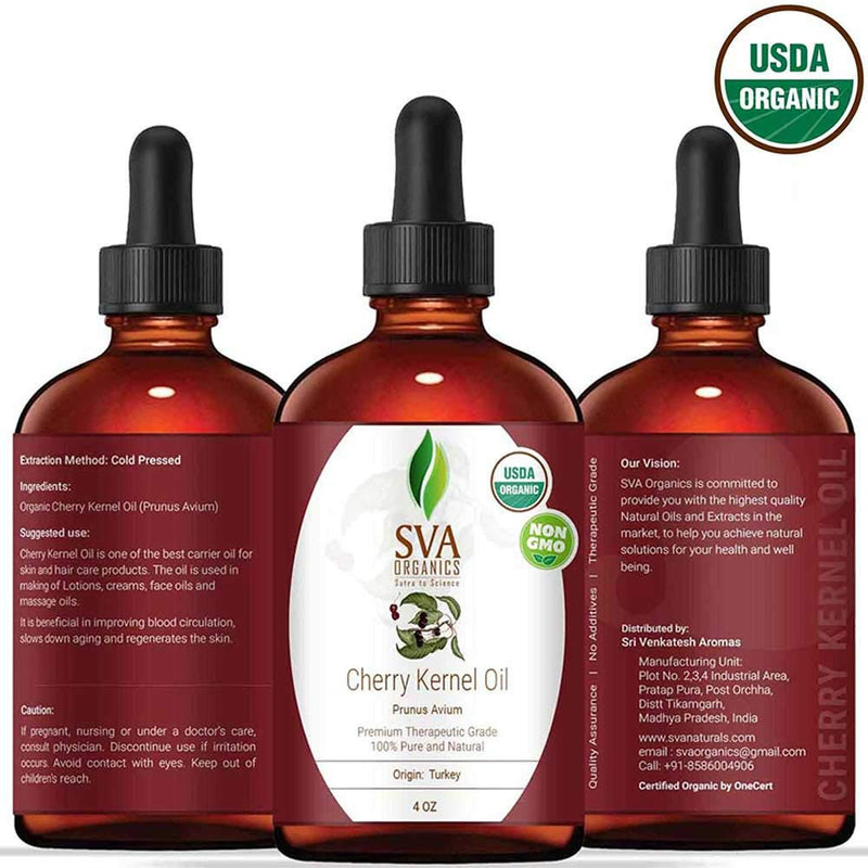 SVA Organics Cherry Kernel Oil Organic USDA 4 Oz Pure Natural Cold Pressed Undiluted Carrier Oil for Face, Skin, Hair, Nails Care, Foot & Body Massage - BeesActive Australia