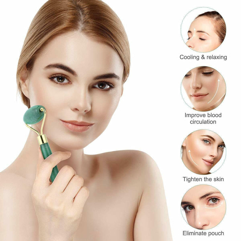 Jade Roller for Face and Gua Sha Set Beauty Cosmetic Facial Skin Roller Massager Tool Natural Green Jade - BeesActive Australia