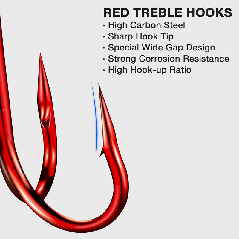 Fishing Red Treble Hooks High Carbon Steel Treble Fish Hooks Super Sharp Round Bend Barbed Triple Hook Replacement for Bass Trout Saltwater Freshwater Size 2 4 6 8 10 12 14 1/0 100pcs-12# - BeesActive Australia