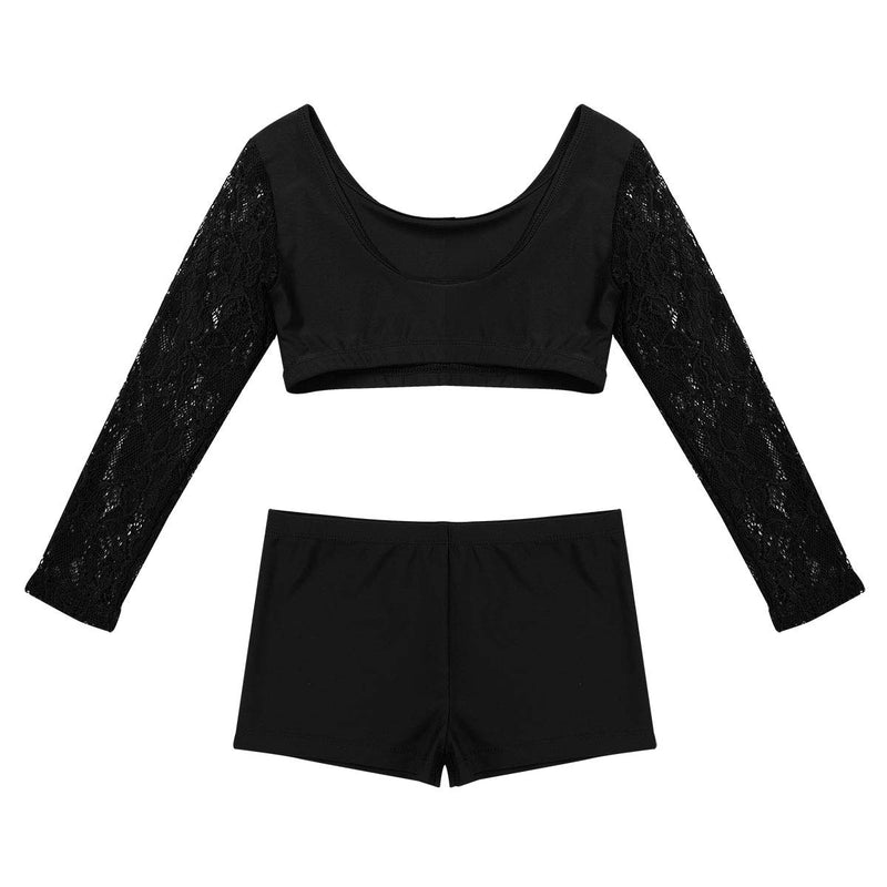 [AUSTRALIA] - ranrann Kids Girls Long Lace Sleeves Tank Top Gymnastic Activewear Ballet Dance Crop Top Tight Shorts Set Black 12 