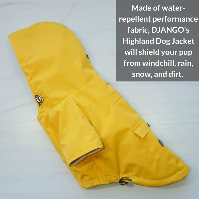 DJANGO Highland Dog Jacket and Raincoat - Water-Repellent, Windproof, and Harness-Friendly Winter Dog Coat and Stylish Dog Raincoat with Adjustable Drawstrings, Optional Hood, Premium Gunmetal Hardware, and Back Pocket Medium Dandelion Yellow - BeesActive Australia