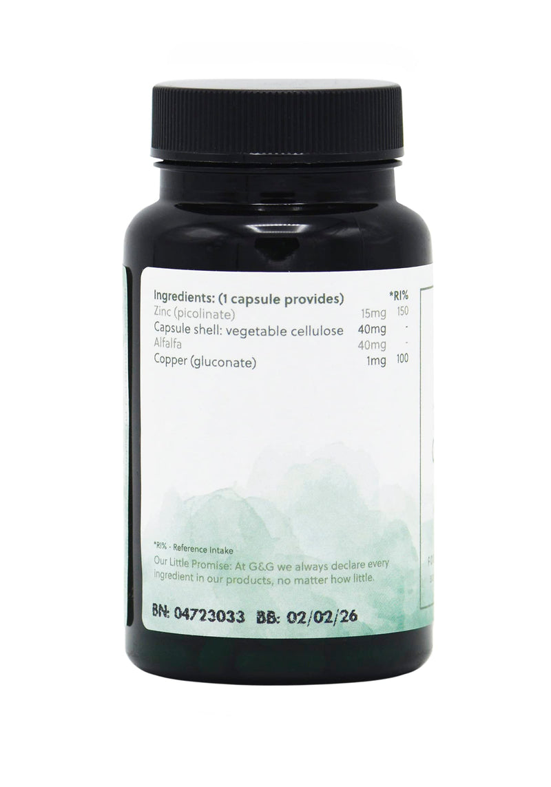 Zinc & Copper Supplement | 15mg Zinc & 1mg Copper per Capsule | 60 Vegan Capsules | G&G Vitamins - BeesActive Australia