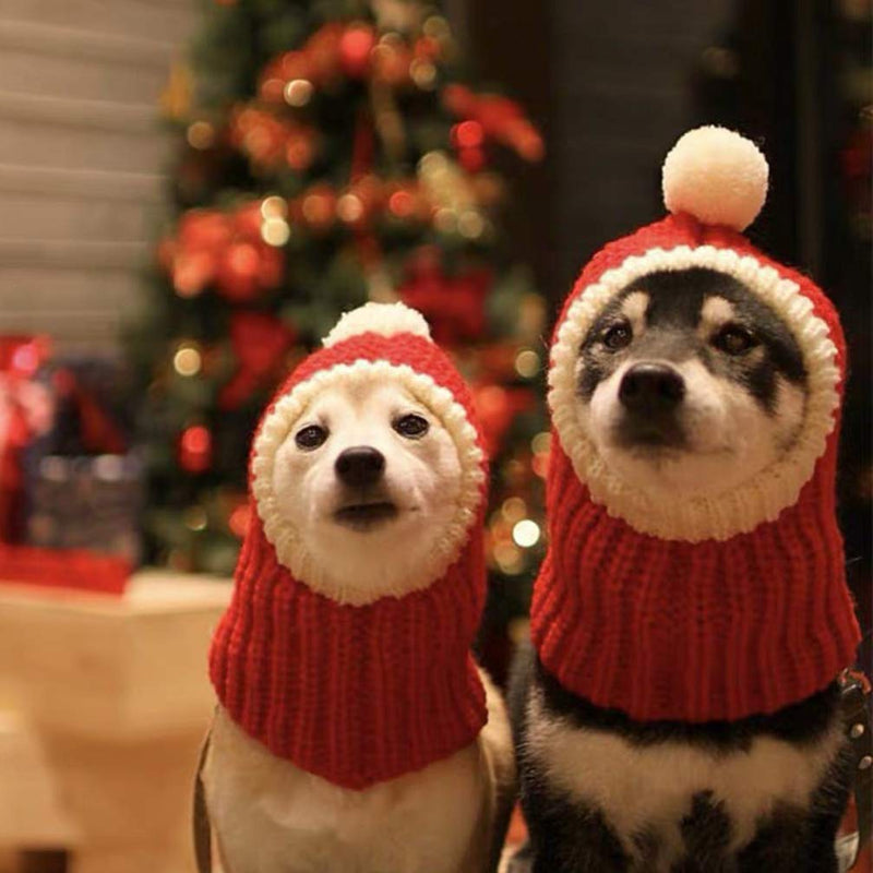 POPETPOP Christmas Dog Hat - Funny Crocheted Snood Dog Hat Red Warm Winter Dog Hat Knit Snood Headwear Cat Hat Neck Ear Warmer Headband Protector- XS Medium - BeesActive Australia
