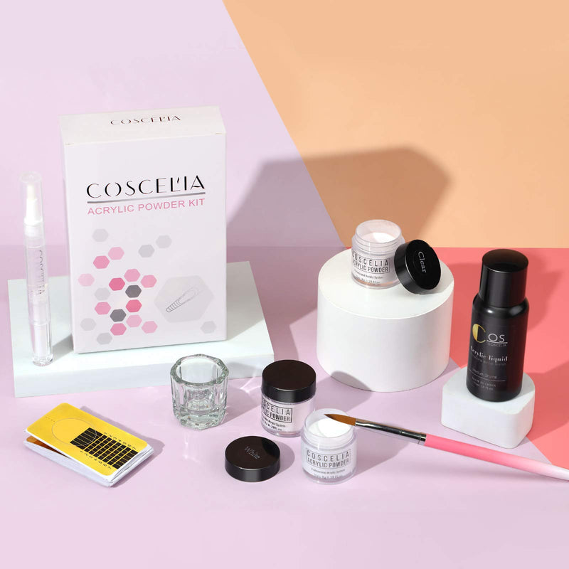 Coscelia Acrylic Nail Kit White Pink Clear Acrylic Powder and Liquid Set Professional Acrylic Brush Nail Forms for Acrylic Nails Extension Starter Kit a - BeesActive Australia