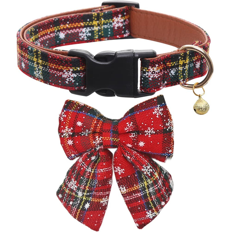 Christmas Dog Collar Snowflake Classic Plaid Adjustable with Cute Bow Tie Flower and Bells Medium Bow-red-2 - BeesActive Australia
