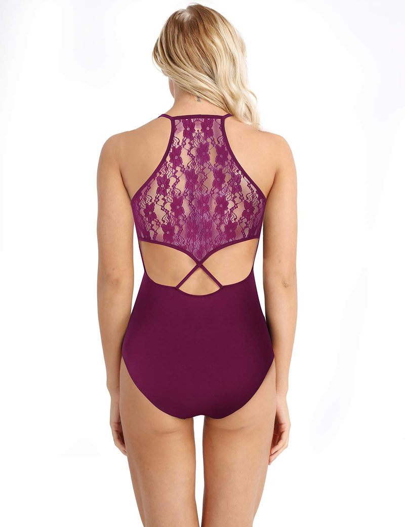 [AUSTRALIA] - MSemis Women Spaghetti Straps Ballet Dance Camisole Leotard Lace Criss Cross Back Gymnastics Bodysuit Wine Red Small 