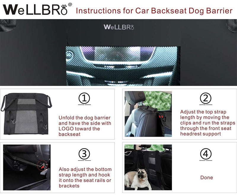 Wellbro Dog Car Backseat Barrier, Padded and Durable Nylon Net Pet Barrier, Vehicle Travel Dog Fence with 2 Mesh Windows, for Safe Driving, Easy to Install and Adjust for All Cars, 24" x 24" Black - BeesActive Australia