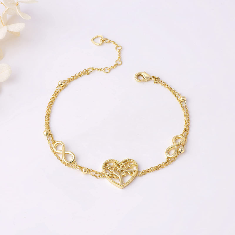 G&GEMSJEW Heart Ankle Bracelet for Women, 14K Gold Plated Handmade Dainty Layered Rhinestone Anklet Gold Beaded Chain Anklet 10", Cubic Zirconia Summer Beach Foot Chain Ankle, Multi-color Optional Gold Tree of Life - BeesActive Australia