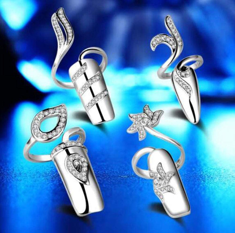 Suoirblss 4 PCS Rhinestone Finger Tip Nail Ring Adjustable Opening Nail Art Charms Accessories Silver Women's Fashion Protecting Fingernail - BeesActive Australia